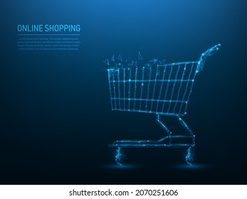 cart supermarket low poly wireframe. online shopping and ecommerce concept. consisting of points, lines, and triangle. vector illustration futuristic style.