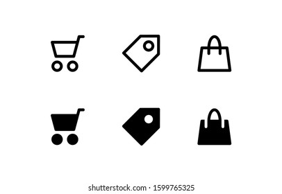Cart, tag and shopping bag icons. With outline and glyph style
