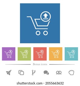 Cart upload outline flat white icons in square backgrounds. 6 bonus icons included.