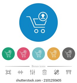 Cart upload outline flat white icons on round color backgrounds. 6 bonus icons included.