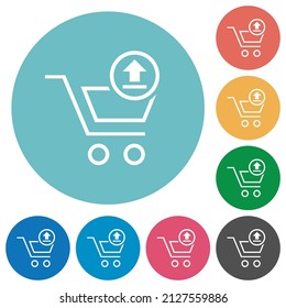 Cart upload outline flat white icons on round color backgrounds