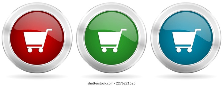 Cart vector icon set. Red, blue and green silver metallic web buttons with chrome border
