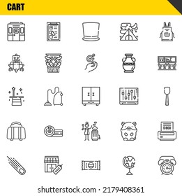 cart vector line icons set. train, asteroid and magician Icons. Thin line design. Modern outline graphic elements, simple stroke symbols stock illustration
