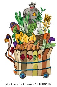 cart with vegetables and fruits - cartoon