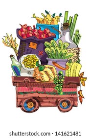 cart with vegetables and fruits - cartoon