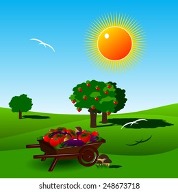  The cart with vegetables and mushrooms, a tree with apples and a beautiful landscape