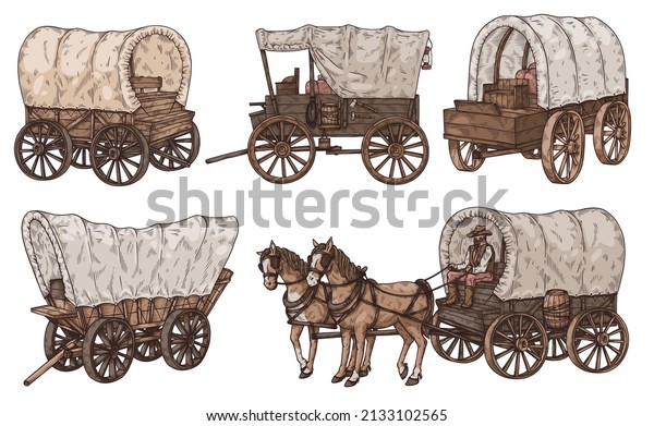 Cart vehicle with horses in western style,\
colored sketch vector illustration isolated on white background.\
Set of retro carriage or wagon with engraving texture. Old\
transport with teamster.