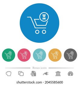 Cart waiting outline flat white icons on round color backgrounds. 6 bonus icons included.