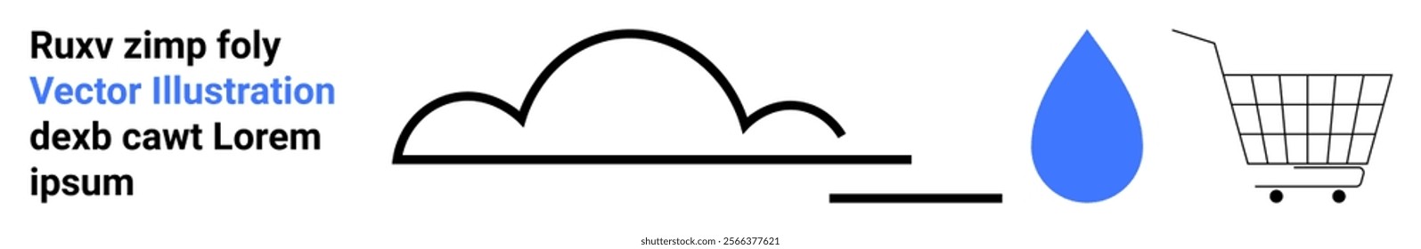 Cart and water drop appear next to cloud and text with a line drawing style. Ideal for e-commerce, environmental awareness, digital marketing, web design, and branding. Landing page