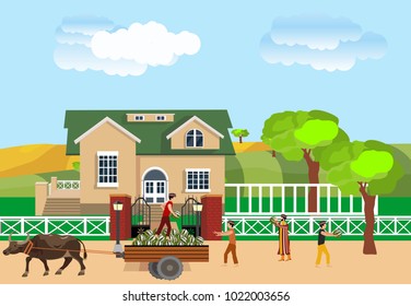 

Cart with watermelons, at the house, men downloding ans selling watermelons to people. Life style in countryside, vector imege