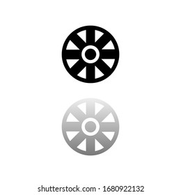 Cart Wheel. Black symbol on white background. Simple illustration. Flat Vector Icon. Mirror Reflection Shadow. Can be used in logo, web, mobile and UI UX project