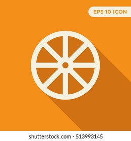 Cart wheel vector icon on orange background with long shadow, isolated