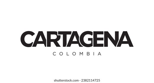 Cartagena en el emblema de Colombia para la prensa y la web. El diseño presenta estilo geométrico, ilustración vectorial con tipografía audaz en fuente moderna. Letras gráficas de eslóganes aisladas en fondo blanco.