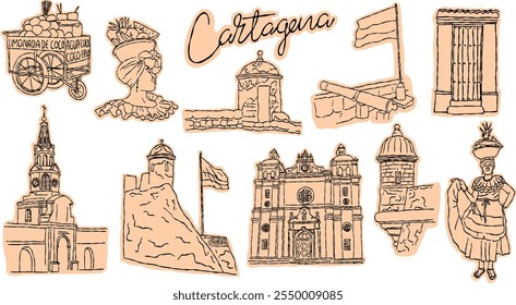 Cartagena de Indias ilustraciones de estilo doodle, sketch estilo línea de arte