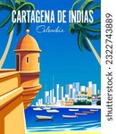 Cartagena de Indias travel poster. Beautiful landscape with fortress, sea, boats and town in the background. Handmade drawing vector illustration.