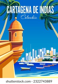 Cartagena de Indias travel poster. Beautiful landscape with fortress, sea, boats and town in the background. Handmade drawing vector illustration.