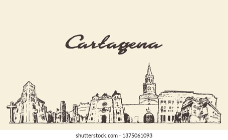 Cartagena skyline, Colombia, hand drawn vector illustration, sketch