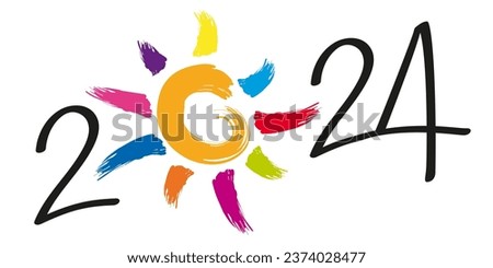 Carte de vœux sur le concept de l’espoir et de l’optimisme pour l’année 2024, avec le symbole d’un soleil aux rayons multicolore. [[stock_photo]] © 