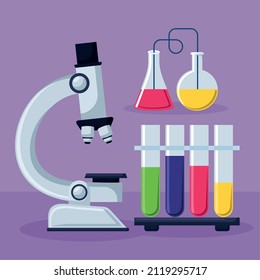 cartel of chemistry lab with microscope and flasks