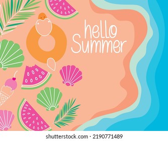 cartel of hello summer with beach items