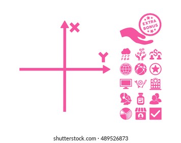 Cartesian Axes icon with bonus elements. Vector illustration style is flat iconic symbols, pink color, white background.