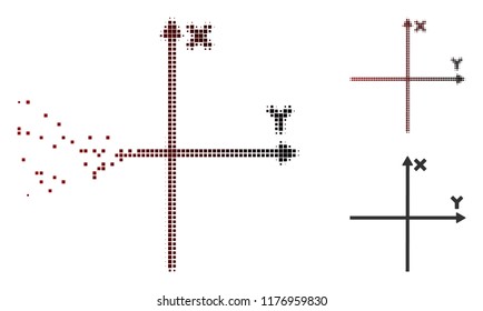 Cartesian axes icon in dispersed, dotted halftone and undamaged solid versions. Fragments are organized into vector sparkle cartesian axes icon.