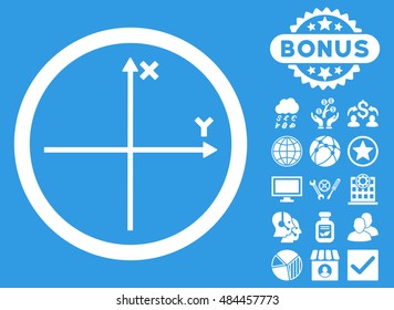 Cartesian Axis icon with bonus pictogram. Vector illustration style is flat iconic symbols, white color, blue background.