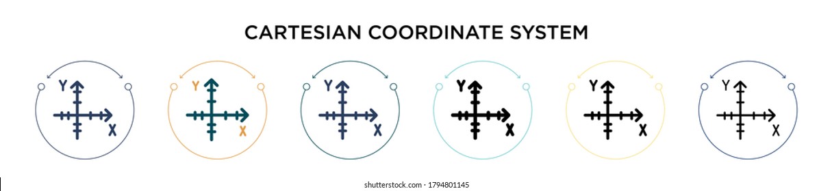 Cartesisches Koordinatensystem Symbol in gefüllter, dünner Linie, Umriss- und Strichform. Vektorgrafik von zwei farbigen und schwarzen kartesischen Koordinatensystemsymbolen für mobile, 