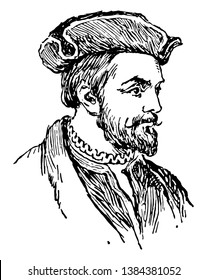 Cartier, 1491-1557, he was a mariner and Breton explorer who claimed what is now Canada for France, vintage line drawing or engraving illustration