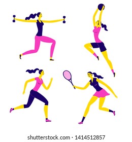 Cartiin woman doing sport exersises. Set of different kinds of sport: basketball, tennis, fitness, run. Sport and healthy lifestyle illustration for your design.