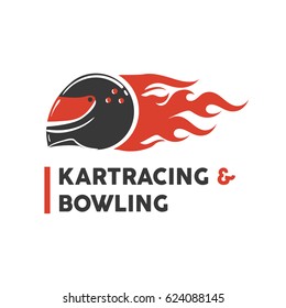 Carting club or kart races and bowling vector logo template. Isolated icon of racer driver safety helmet with fire. Badge for motor sport championship tournament or kart racing and bowling.