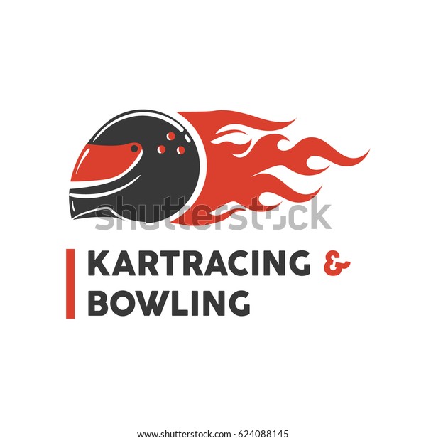 Carting club or kart races and bowling vector\
logo template. Isolated icon of racer driver safety helmet with\
fire. Badge for motor sport championship tournament or kart racing\
and bowling.
