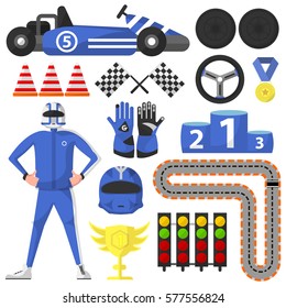 Carting Rally Car And Victory Symbols Collection. Vector Poster Of Autopilot, Blue Helmet And Gloves, Sportscar, Black Wheels And Helm, Golden Cup And Medal, Winning Platform, Traffic Lights And Way