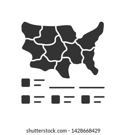 Cartogram glyph icon. Diagram. USA map with statistics. Data visualization. Financial, sociological, marketing visual information. Silhouette symbol. Negative space. Vector isolated illustration