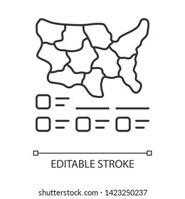 Cartogram linear icon. Diagram. USA map with statistics. Geographical differences graphic report. Thin line illustration. Contour symbol. Vector isolated outline drawing. Editable stroke