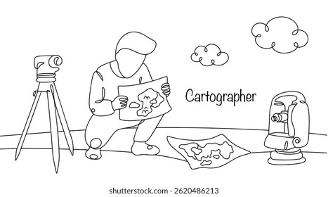 A cartographer creates a map by studying the relief, climate, and natural resources. He uses auxiliary devices in his work. The work of a cartographer, drawn with a continuous line. Vector.