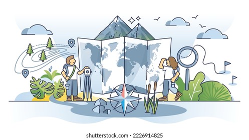 Cartographer occupation with map measurement data outline concept. Work with earth atlas information, surface and relief guidance vector illustration. Mapping job for cartography and localization.