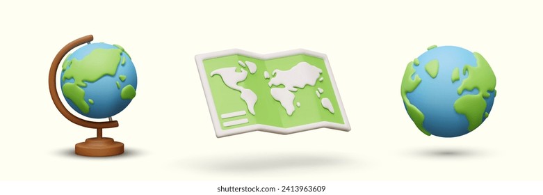 Cartography concept in cartoon style. School globe, world map, Earth. Isolated vector objects for navigation applications. Location search. World days, holidays