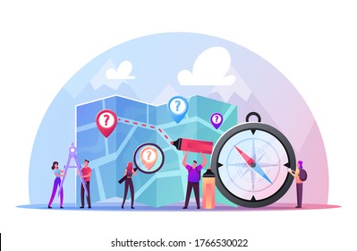 Cartography Concept. Tiny Male and Female Characters with Huge Compass, Divider and Pen Planning Route on Map Put Marks for Destination Points. Tourism Hobby, Sport. Cartoon People Vector Illustration