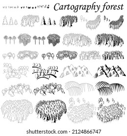 Cartography. Elements For Creating Maps Fantasy Or Games. Wood And Mountains With Forests. Black And White Hand Drawn Set.