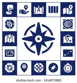 cartography icon set. 17 filled cartography icons.  Collection Of - Position, Compass, Map, Windrose, Maps, Location pin, Pin