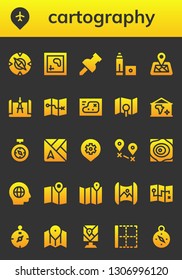 cartography icon set. 26 filled cartography icons.  Collection Of - Compass, Pin, Map, Marker, Location pin, Place, Destination, Maps, Global, Mapping, Border
