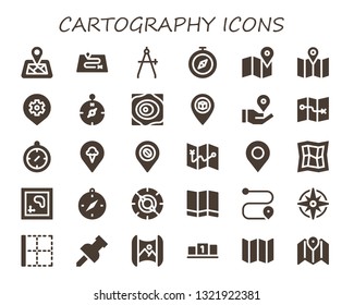 cartography icon set. 30 filled cartography icons.  Simple modern icons about  - Location pin, Route, Compass, Map, Place, Maps, Pin, Windrose, Border, Mapping, Position