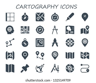 cartography icon set. 30 filled cartography icons.  Simple modern icons about  - Border, Compass, Map, Marker, Pin, Global, Route, Mapping, Destination