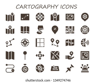 cartography icon set. 30 filled cartography icons.  Simple modern icons about  - Map, Compass, Place, Position, Pin, Wind rose, Route, Windrose, Border, Destination, Global, Location pin