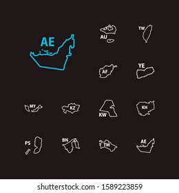 Cartography icons set. Afghanistan and cartography icons with united arab emirates, kazakhstan and malaysia. Set of area for web app logo UI design.