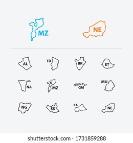 Cartography icons set. Algeria and cartography icons with sudan republic, the central african republic and niger. Set of south for web app logo UI design.