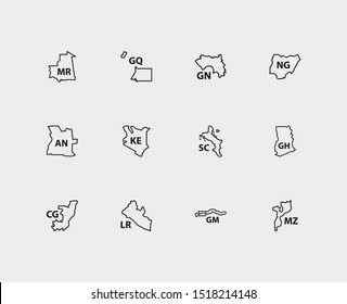 Cartography icons set. Angola and cartography icons with liberia, seychelles and ghana. Set of place for web app logo UI design