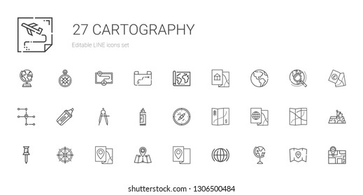 cartography icons set. Collection of cartography with earth globe, global, map, compass, pin, marker, position, explore, wind rose, route. Editable and scalable cartography icons.