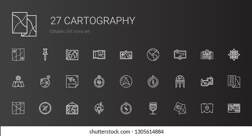 cartography icons set. Collection of cartography with map, route, compass, global, earth globe, navigator, geolocalization, street map. Editable and scalable cartography icons.